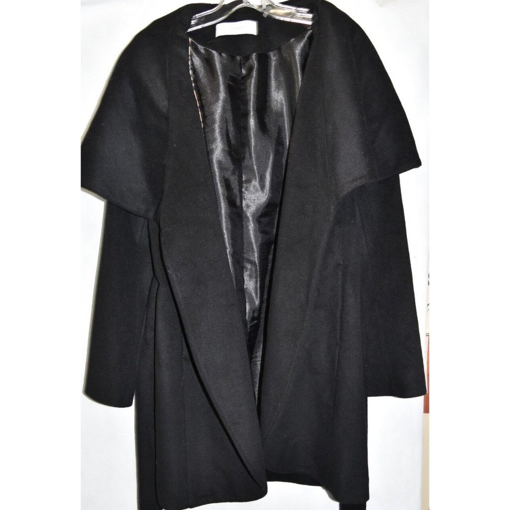 $370 Tahari Wool Blend Belted Wrap Coat shawl collar Black Jacket Winter S/M/L - Picture 8 of 8